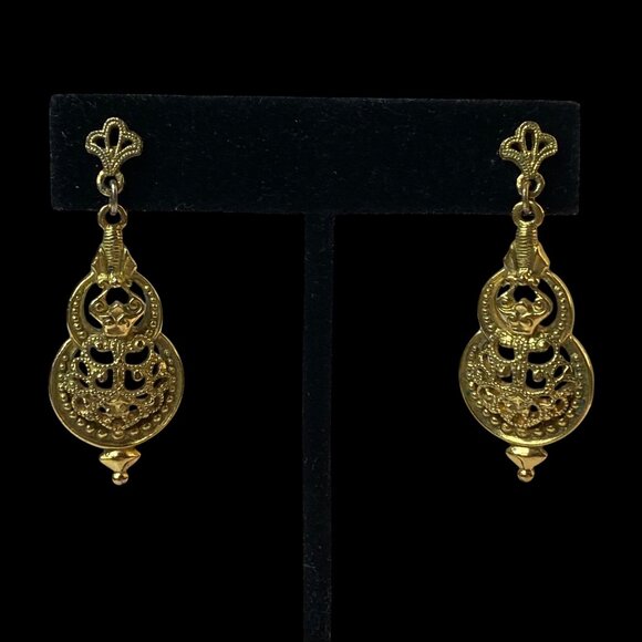 Gold-Tone Filigree Dangle Earrings With Ornate Design & Fleur De Lis Accents - Picture 2 of 10